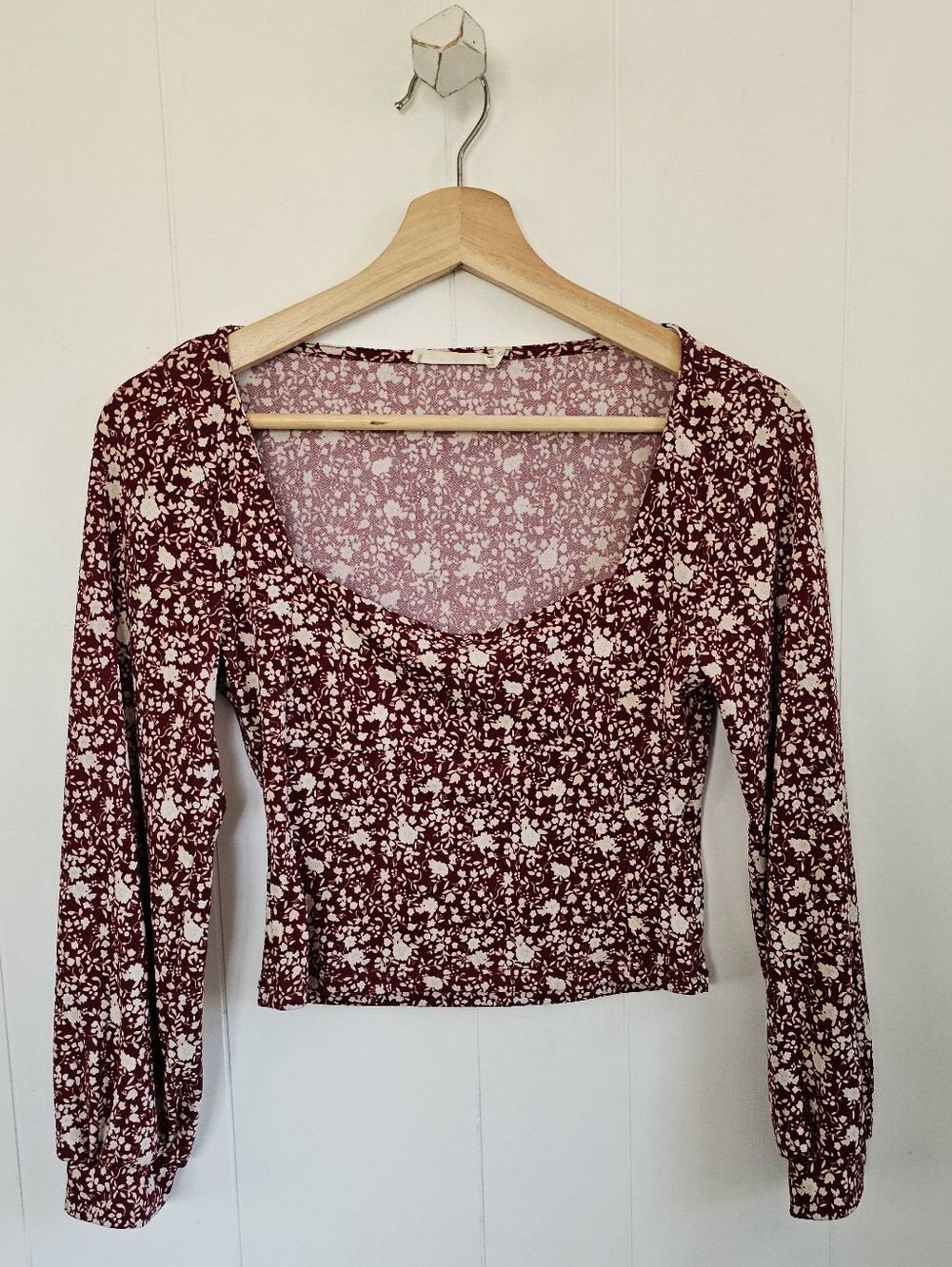 LUSH Maroon Floral Long Sleeve Crop Top